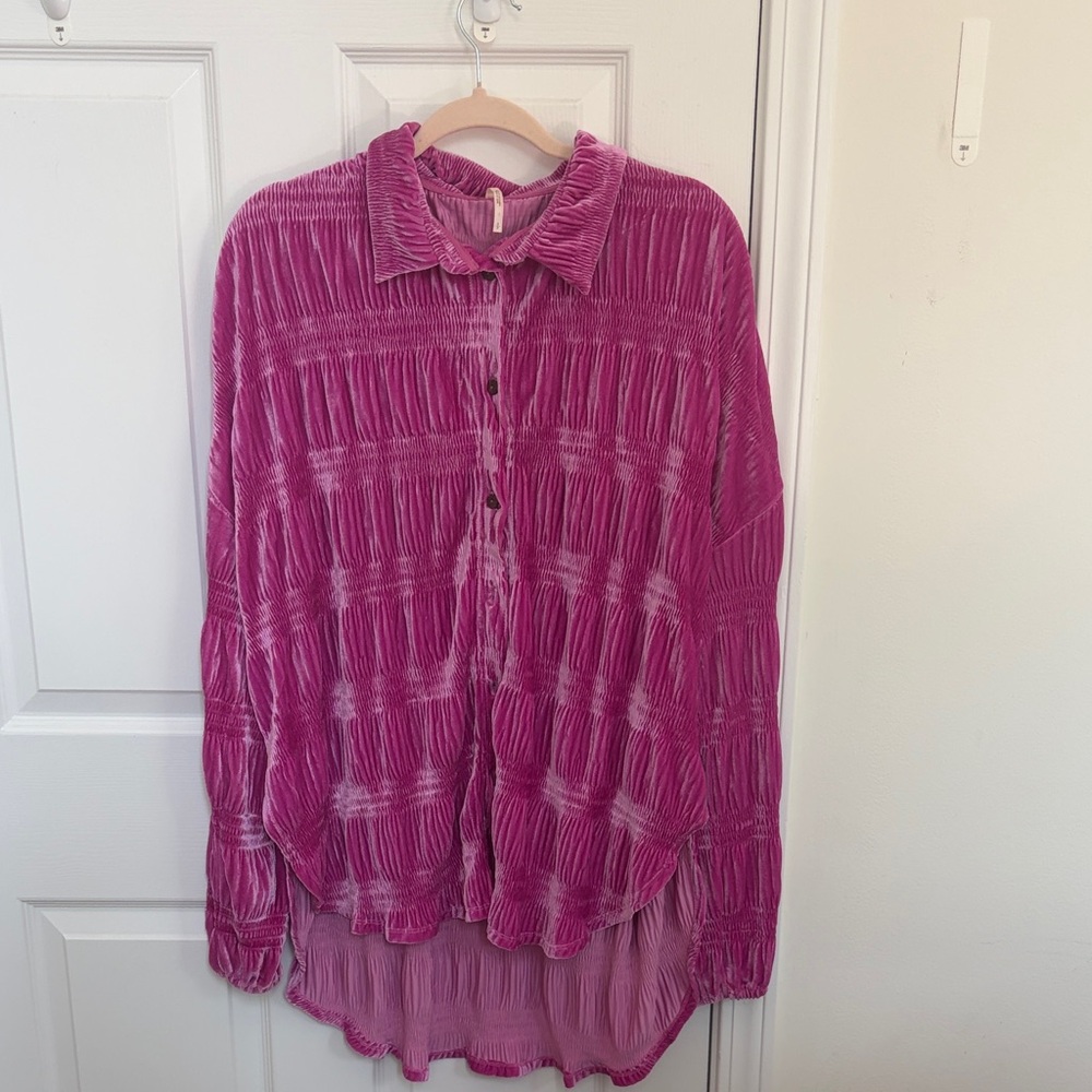 Free People Crushed Velvet Button-Down Top in Fuchsia